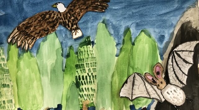 A watercolour painting by a child of a bird of prey flying over trees and a bat flying out of a cave in the right corner. One of the outcomes from the Family Activity pack 'And Then the Wildlife Came Back'