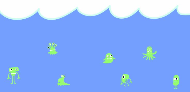 A two-dimensional Adobe Illustrator graphic of seven imagined green creatures under the sea