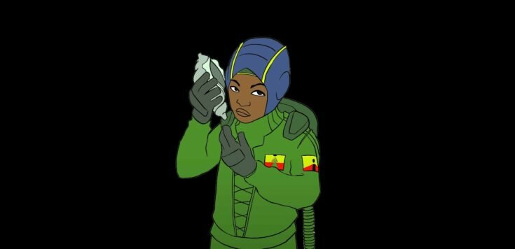 A computer animated black boy in a green spacesuit holding a shell up to their ear